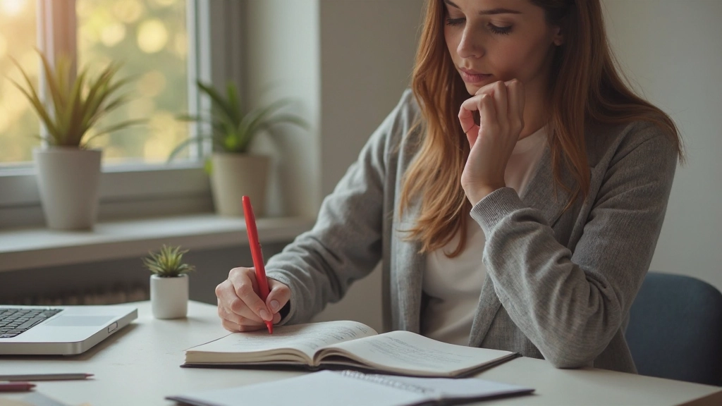 Vrouwelijke professional die notities maakt in een notitieboek, rood potlood in hand, rustige werkplek met minimale objecten