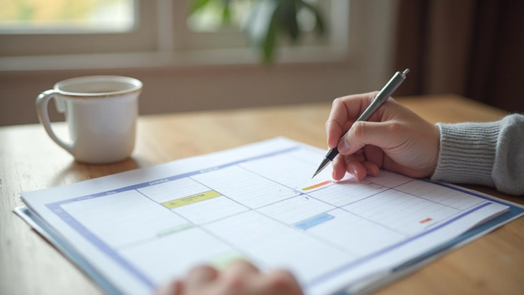 Close-up van handgeschreven weekplanner met kleurgecodeerde blokken, pen en kopje thee op houten bureau