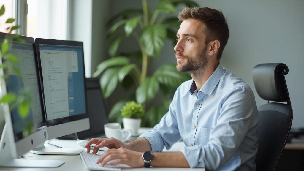 Man in licht shirt zittend aan bureau, twee monitoren, toetsenbord en muis, zakelijke omgeving met plant op achtergrond