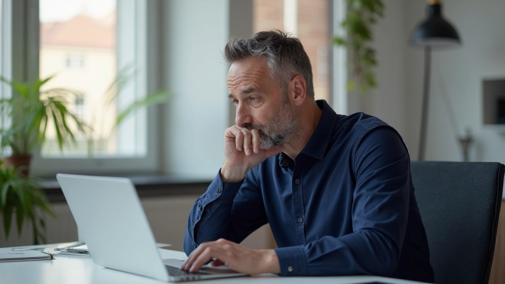 Professionele foto van realistische man van 45 jaar, gekleed in donkerblauw overhemd, zittend aan moderne werkplek met laptop, concentrerend, natuurlijk licht door raam, onscherpe achtergrond