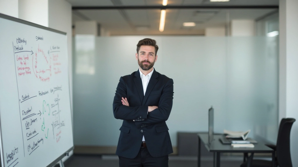 Man in donkere blazer staande voor whiteboard met notities en afbeeldingen, moderne kantooromgeving, doelbewuste blik