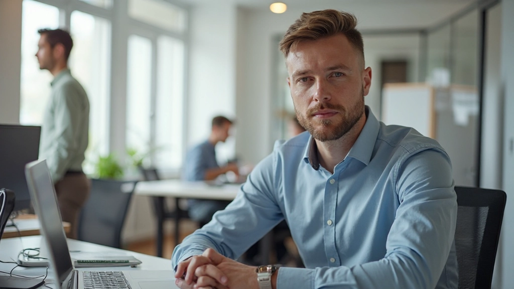 Professionele man zittend aan bureau, gefocust aan het werk, moderne kantoor met natuurlijk licht, kalmte en concentratie