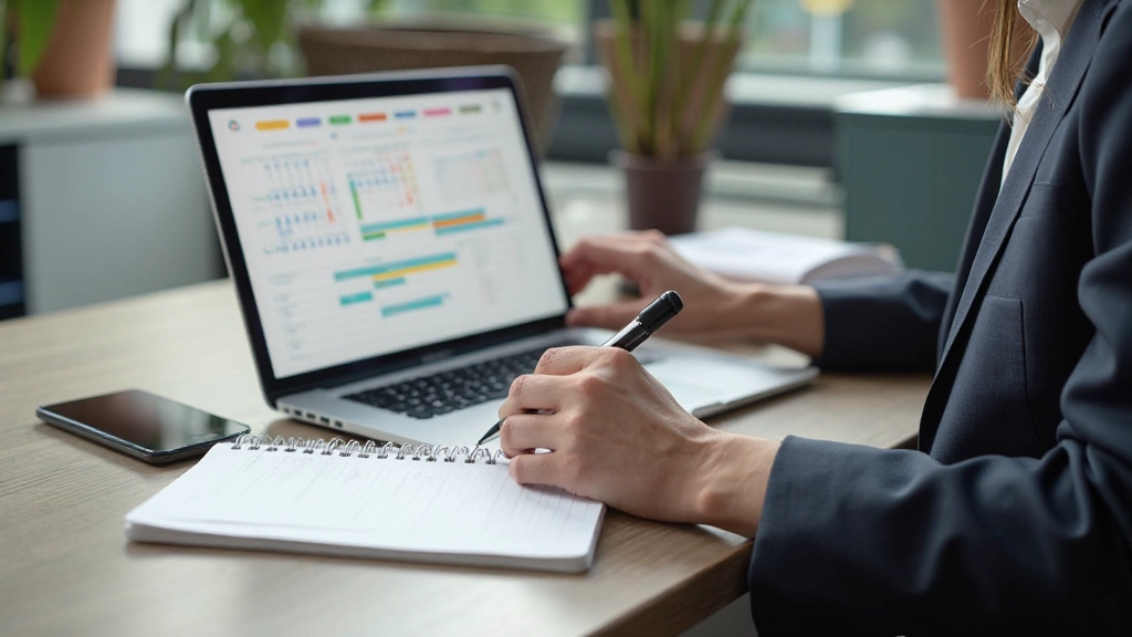 Persoon aan bureau met drie verschillende planning tools—digitale kalender op laptop, papieren notitieboek en telefoon, alles netjes georganiseerd