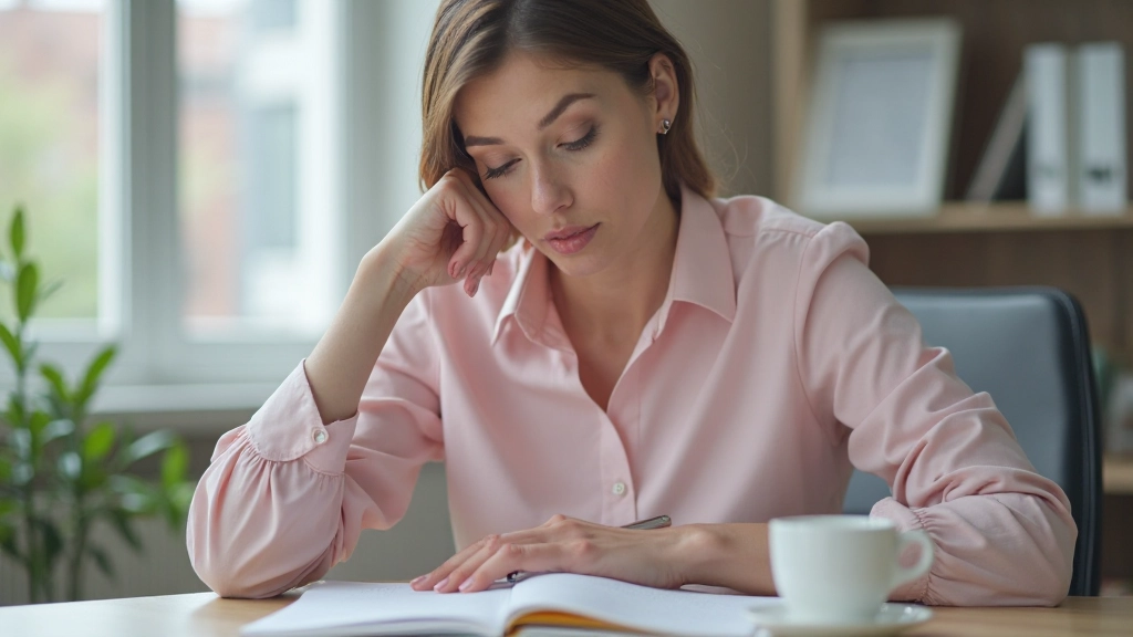 Professionele foto van realistische vrouw van 32 jaar, gekleed in lichtroze blouse, zittend aan bureau met notitieboek en pen, concentrerend op werk, moderne kantoor, daglicht, onscherpe achtergrond