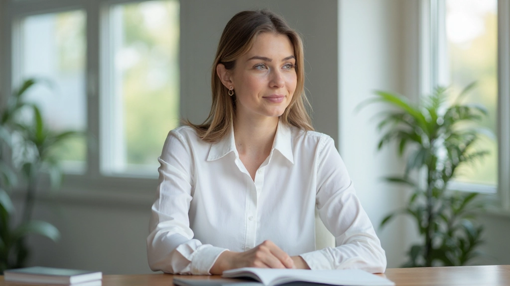 Professionele foto van realistische vrouw in kantooromgeving, zittend aan bureau met laptop, gefocuste blik, heldere werkplek met natuurlijk licht, wazig achtergrond, GEEN tekst, GEEN watermerken