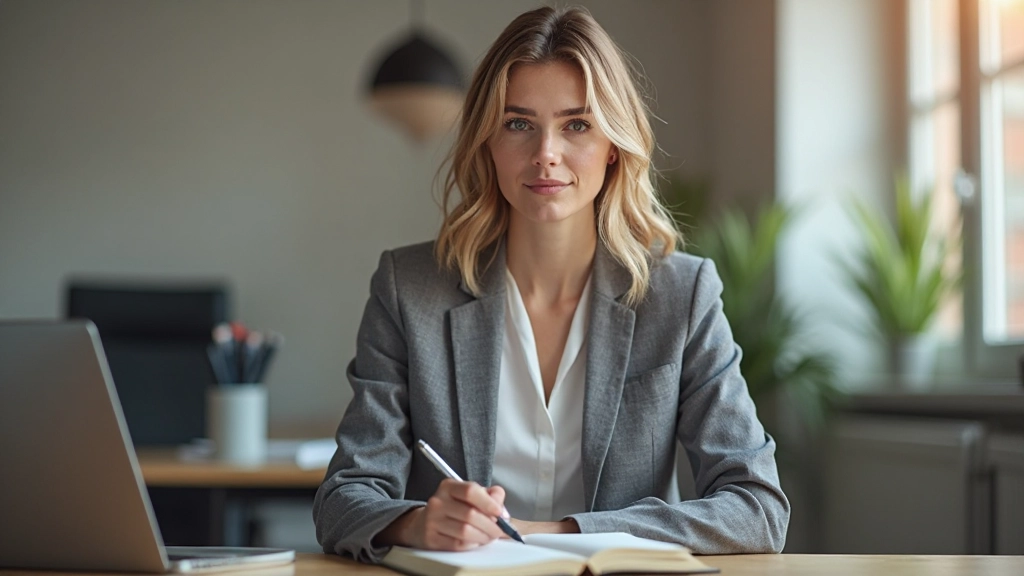 Professionele foto van realistische vrouw in grijs jasje met notitieblok en pen, zittend op moderne stoel, doelgerichte uitdrukking, schoon minimalistisch kantoor, warm natuurlijk licht, wazig achtergrond, GEEN tekst, GEEN watermerken