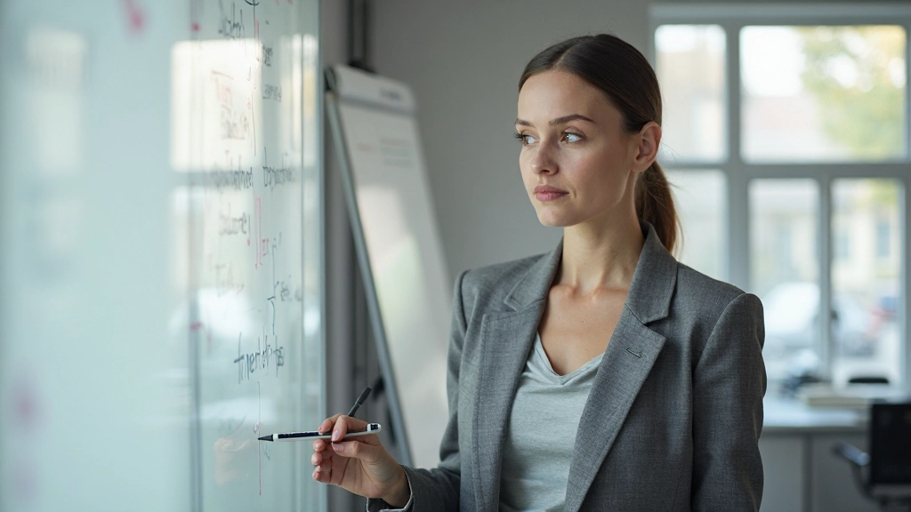 Professionele foto van realistische vrouw van 38 jaar, gekleed in grijs jasje, schrijvend op whiteboard met markers, kantoor met grote ramen, gefocust, natuurlijk licht, onscherpe achtergrond