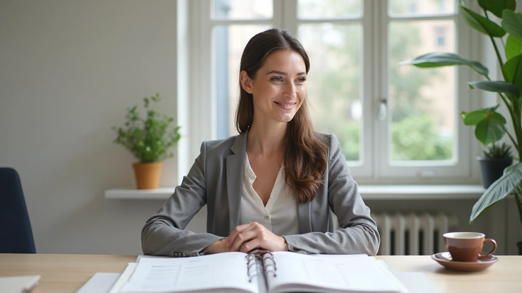 Professionele vrouw zittend aan bureau met geopende kalender en plannersboek, kopje koffie, minimalistisch werkruimte met natuurlijk licht