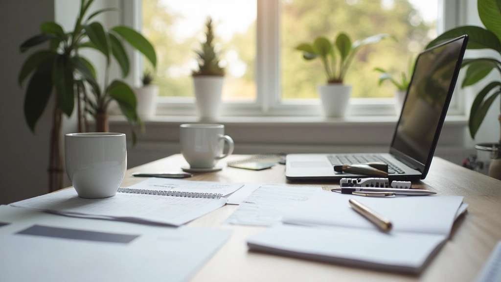 Georganiseerde werkplek met kalender, notitieboekje en koffiemok, natuurlijk licht door raam